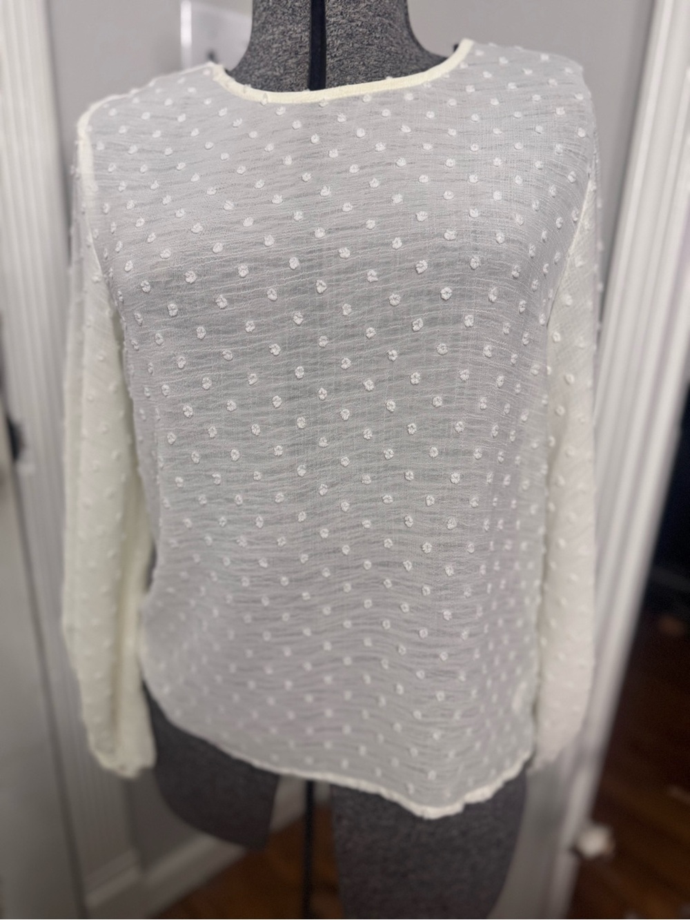 Women’s George Lightweight White Swiss Dot Long-Sleeve Women's Top Small